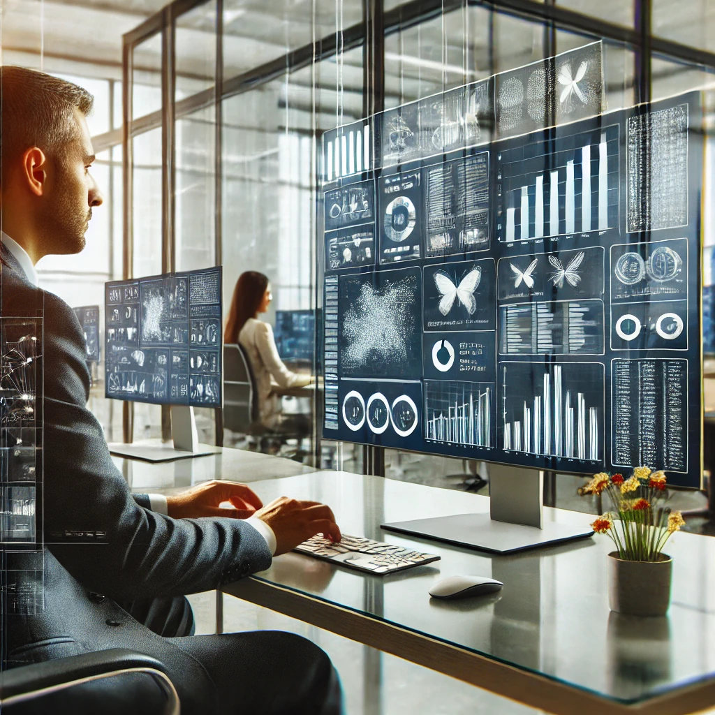 homem olhando para dela do computador da Master Auditing & Consulting