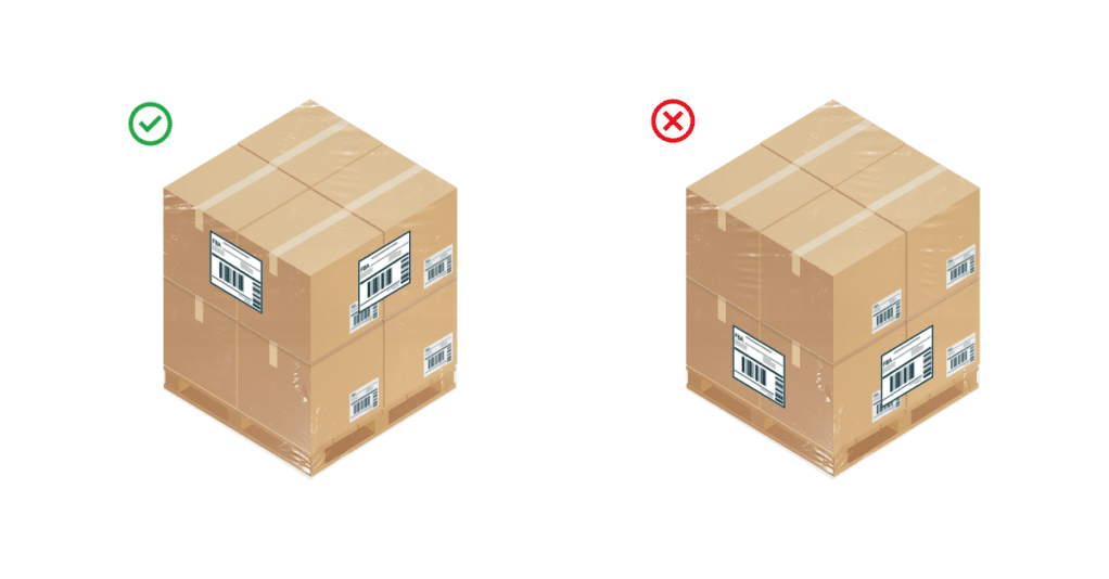 Exemplo de etiqueta ASIN corretamente aplicada em uma caixa para envio em pallet.