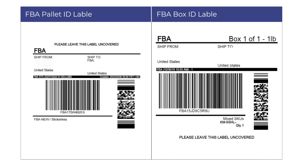 Etiqueta de identificação para pallet FBA Amazon com código de barras e instruções de envio. Exemplo de rótulo correto para identificação de pallets.