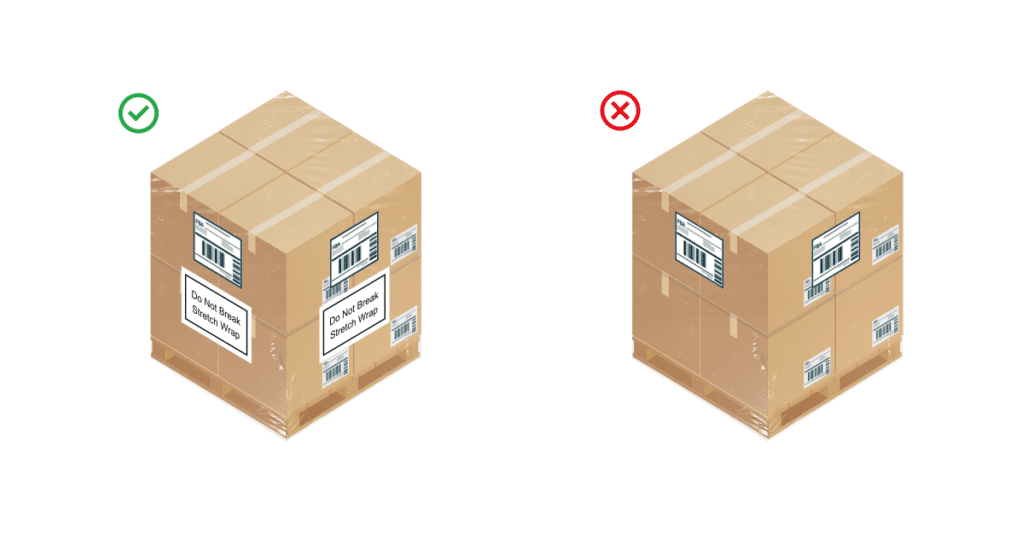 Exemplo de rótulo correto e incorreto para pallets FBA Amazon, com etiquetas legíveis e posicionadas corretamente.